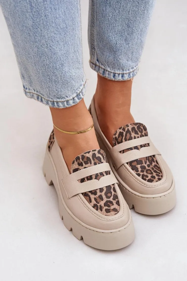 Clearance Zazoo Skórzane Mokasyny Damskie Na Platformie I Płaskim Obcasie Panterka 20191 Jasnobeżowe Beżowy