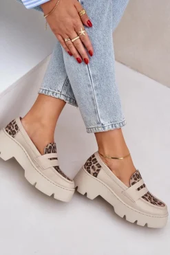 Clearance Zazoo Skórzane Mokasyny Damskie Na Platformie I Płaskim Obcasie Panterka 20191 Jasnobeżowe Beżowy