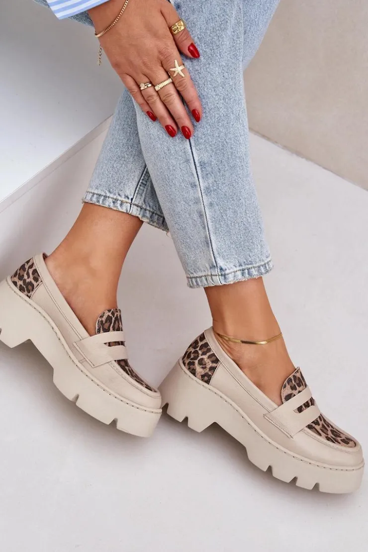 Clearance Zazoo Skórzane Mokasyny Damskie Na Platformie I Płaskim Obcasie Panterka 20191 Jasnobeżowe Beżowy