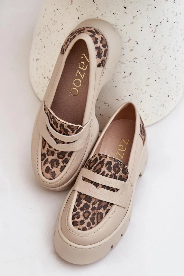 Clearance Zazoo Skórzane Mokasyny Damskie Na Platformie I Płaskim Obcasie Panterka 20191 Jasnobeżowe Beżowy