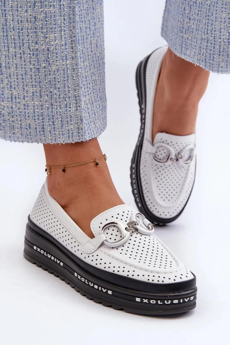 Damskie buty S.Barski Skórzane Mokasyny Damskie Na Platformie Z Ozdobą S.Barski LR750 Białe Biały