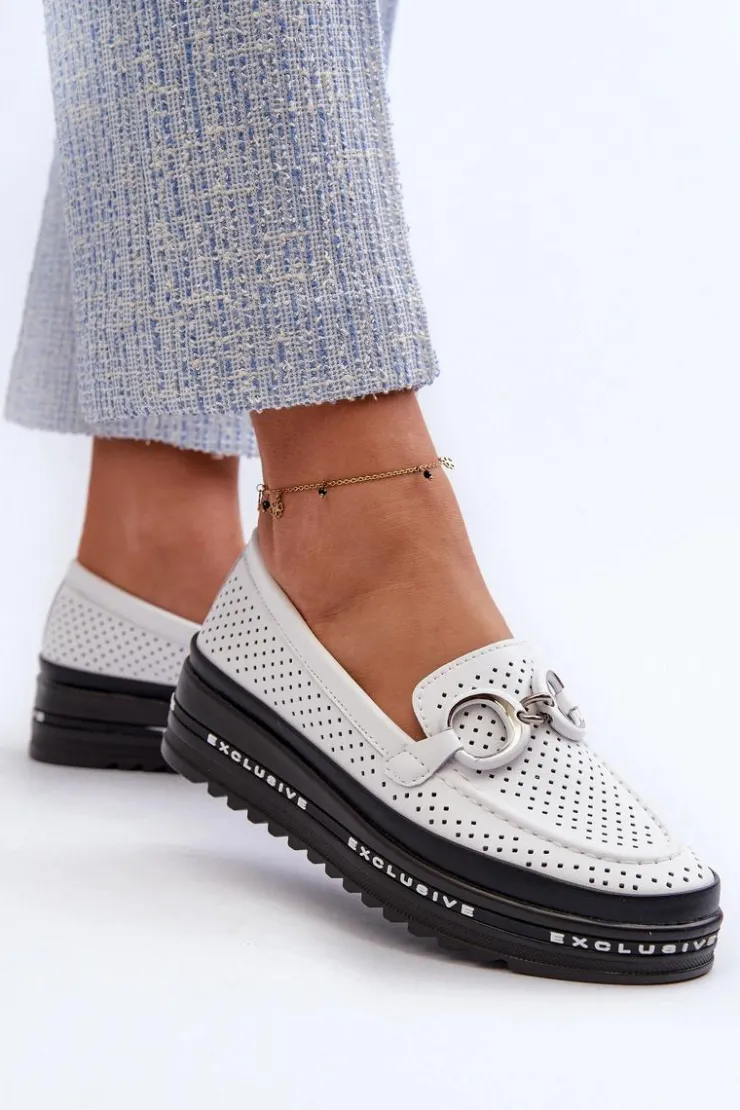 Damskie buty S.Barski Skórzane Mokasyny Damskie Na Platformie Z Ozdobą S.Barski LR750 Białe Biały