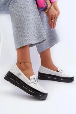 Damskie buty S.Barski Skórzane Mokasyny Damskie Na Platformie Z Ozdobą S.Barski LR750 Białe Biały