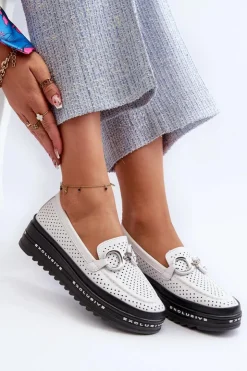 Damskie buty S.Barski Skórzane Mokasyny Damskie Na Platformie Z Ozdobą S.Barski LR750 Białe Biały