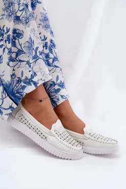 Online Buty damskie Vinceza Skórzane Mokasyny Damskie Z Ażurowym Wzorem Vinceza 88028 Białe Biały