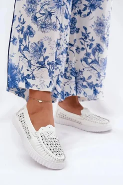 Online Buty damskie Vinceza Skórzane Mokasyny Damskie Z Ażurowym Wzorem Vinceza 88028 Białe Biały