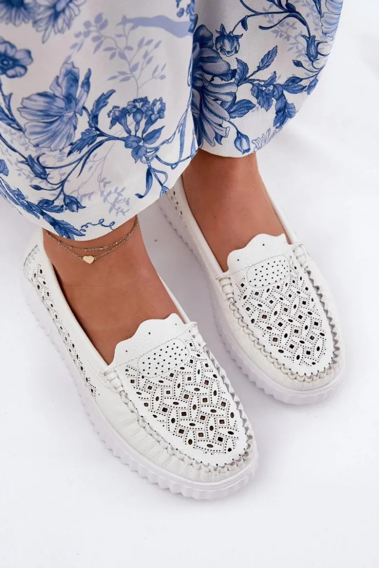 Online Buty damskie Vinceza Skórzane Mokasyny Damskie Z Ażurowym Wzorem Vinceza 88028 Białe Biały