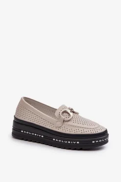 Damskie buty S.Barski Loafersy Damskie|Mokasyny Damskie Skórzane*Skórzane Mokasyny Damskie Na Platformie Z Ozdobą S.Barski LR750 Beżowe Beżowy