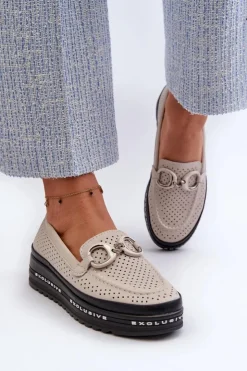 Damskie buty S.Barski Loafersy Damskie|Mokasyny Damskie Skórzane*Skórzane Mokasyny Damskie Na Platformie Z Ozdobą S.Barski LR750 Beżowe Beżowy