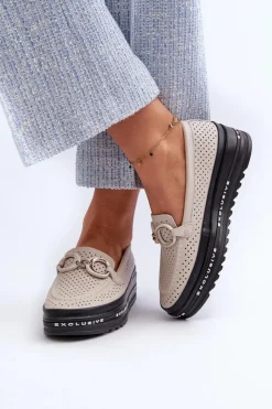 Damskie buty S.Barski Loafersy Damskie|Mokasyny Damskie Skórzane*Skórzane Mokasyny Damskie Na Platformie Z Ozdobą S.Barski LR750 Beżowe Beżowy