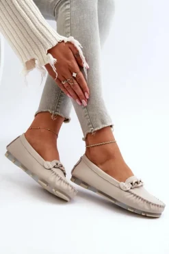 Damskie buty S.Barski Loafersy Damskie|Mokasyny Damskie Skórzane*Skórzane Mokasyny Damskie Z Ozdobą Beżowe S.Barski LR339 Beżowy