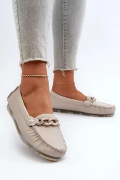 Damskie buty S.Barski Loafersy Damskie|Mokasyny Damskie Skórzane*Skórzane Mokasyny Damskie Z Ozdobą Beżowe S.Barski LR339 Beżowy