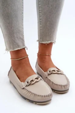 Damskie buty S.Barski Loafersy Damskie|Mokasyny Damskie Skórzane*Skórzane Mokasyny Damskie Z Ozdobą Beżowe S.Barski LR339 Beżowy