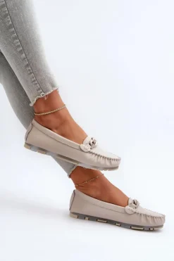 Damskie buty S.Barski Loafersy Damskie|Mokasyny Damskie Skórzane*Skórzane Mokasyny Damskie Z Ozdobą Beżowe S.Barski LR339 Beżowy