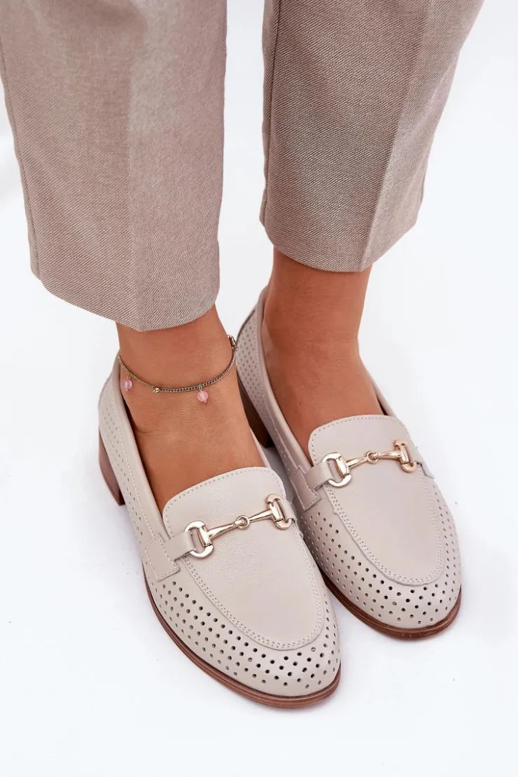 Damskie buty S.Barski Mokasyny Płaskie|Mokasyny Damskie Skórzane*Skórzane Mokasyny Damskie Z Ozdobą Na Płaskim Obcasie S.Barski LR51-588 Beżowe