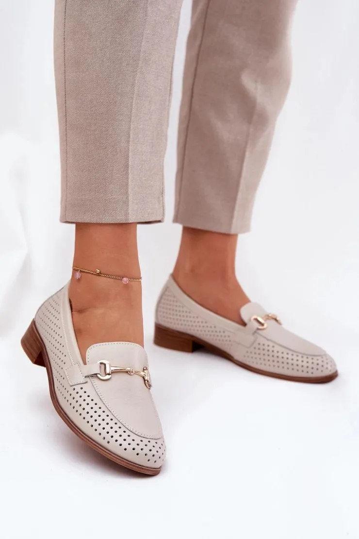 Damskie buty S.Barski Mokasyny Płaskie|Mokasyny Damskie Skórzane*Skórzane Mokasyny Damskie Z Ozdobą Na Płaskim Obcasie S.Barski LR51-588 Beżowe