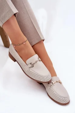 Damskie buty S.Barski Mokasyny Płaskie|Mokasyny Damskie Skórzane*Skórzane Mokasyny Damskie Z Ozdobą Na Płaskim Obcasie S.Barski LR51-588 Beżowe