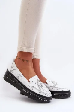 Best Evento Skórzane Mokasyny Damskie Na Platformie Białe Assetnima Biały