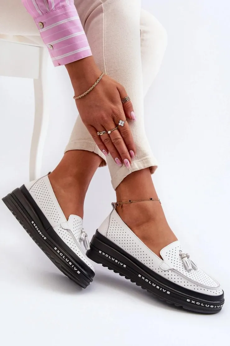 Best Evento Skórzane Mokasyny Damskie Na Platformie Białe Assetnima Biały