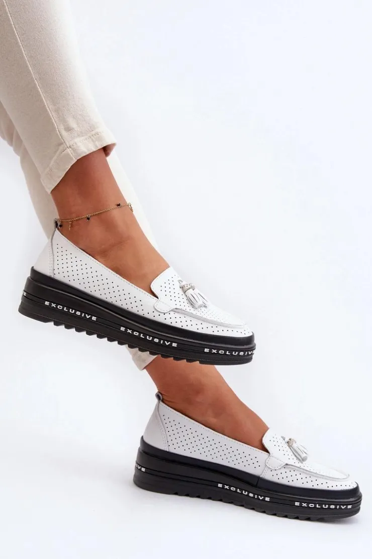 Best Evento Skórzane Mokasyny Damskie Na Platformie Białe Assetnima Biały