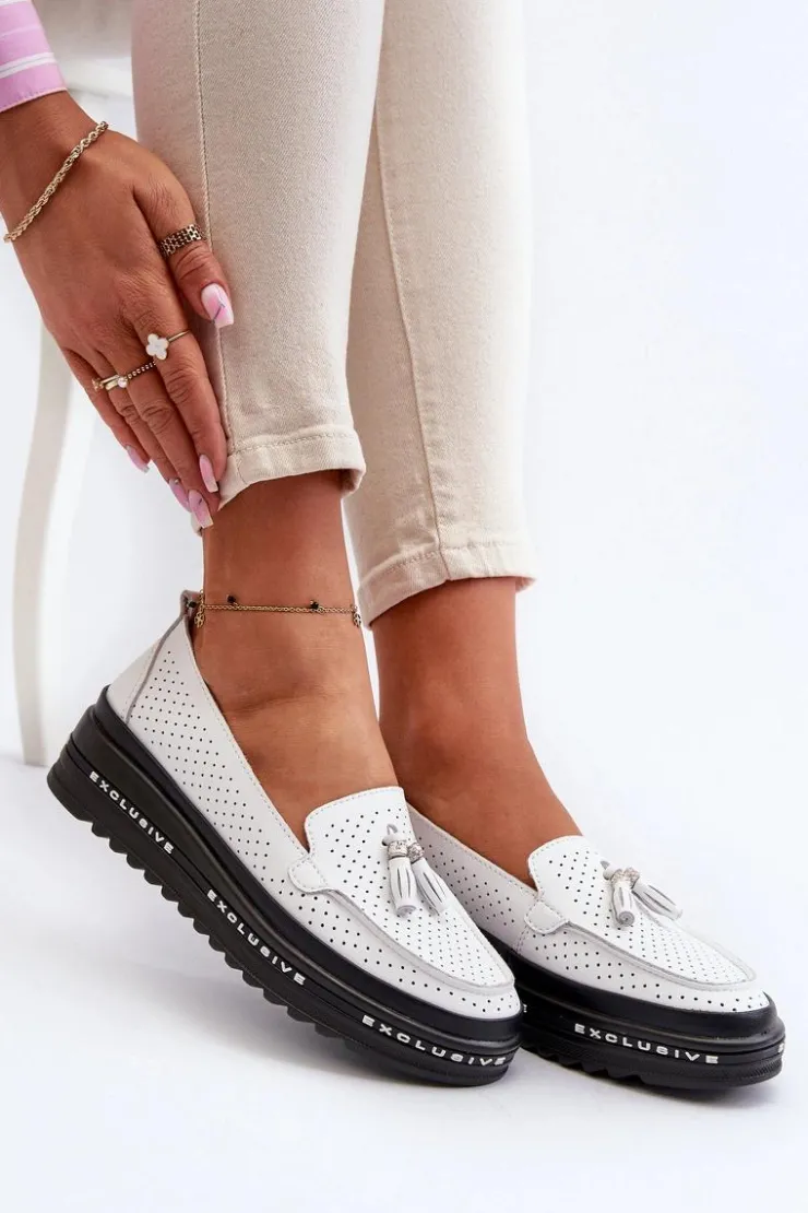 Best Evento Skórzane Mokasyny Damskie Na Platformie Białe Assetnima Biały