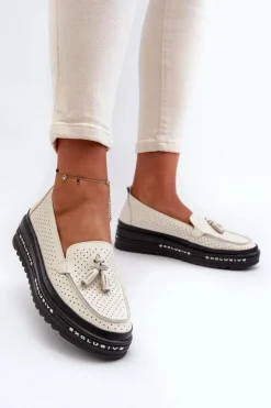 Evento Loafersy Damskie|Mokasyny Damskie Skórzane*Skórzane Mokasyny Damskie Na Platformie Beżowe Assetnima Beżowy