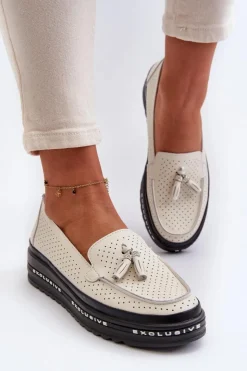 Evento Loafersy Damskie|Mokasyny Damskie Skórzane*Skórzane Mokasyny Damskie Na Platformie Beżowe Assetnima Beżowy