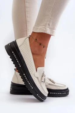 Evento Loafersy Damskie|Mokasyny Damskie Skórzane*Skórzane Mokasyny Damskie Na Platformie Beżowe Assetnima Beżowy