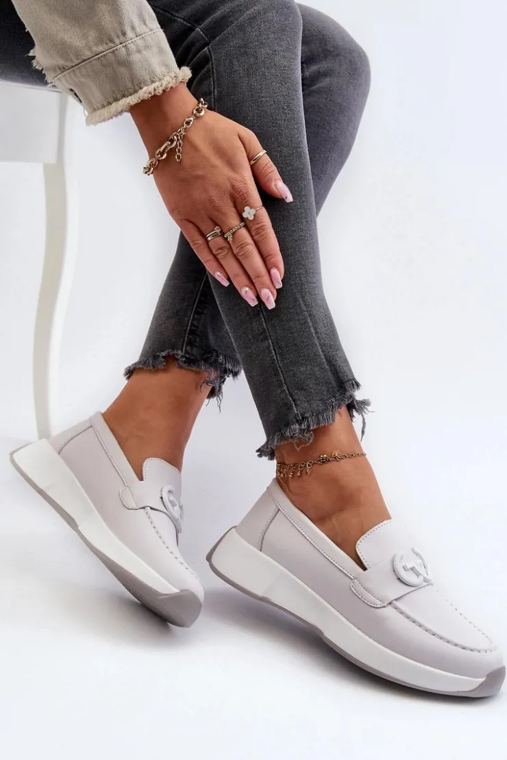 Damskie Damskie buty S.Barski Skórzane Mokasyny Damskie Na Platformie Jasnoszare S.Barski LR490