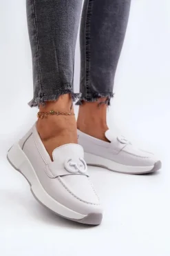 Damskie Damskie buty S.Barski Skórzane Mokasyny Damskie Na Platformie Jasnoszare S.Barski LR490