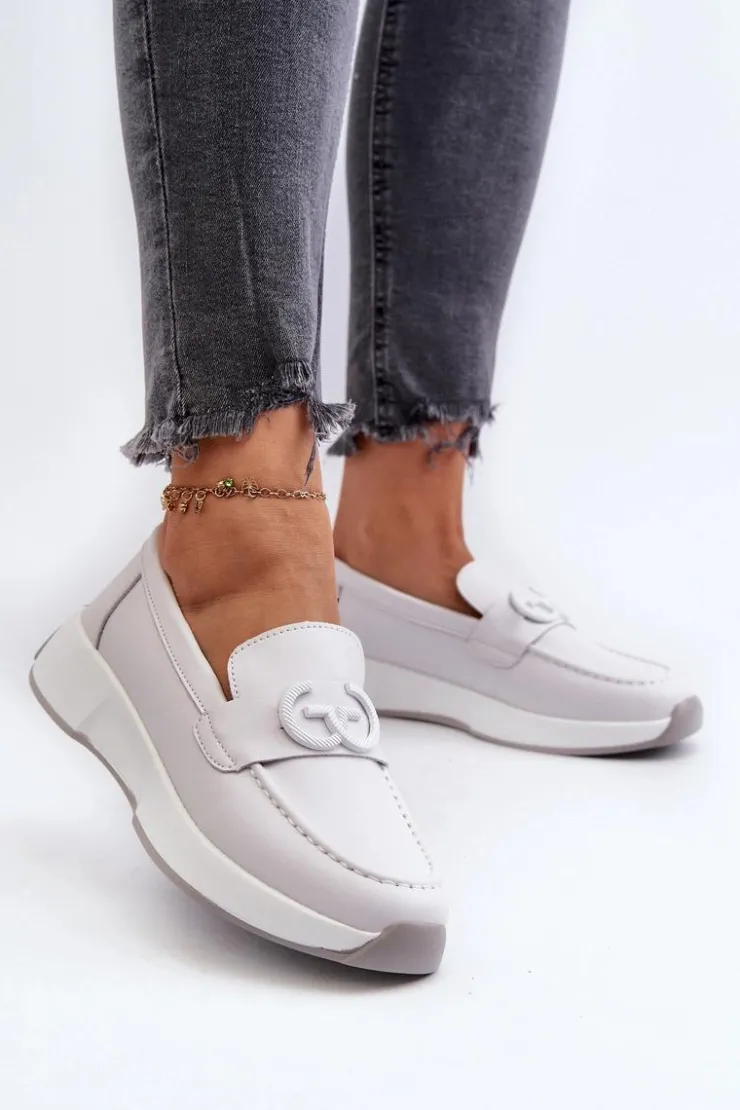 Damskie Damskie buty S.Barski Skórzane Mokasyny Damskie Na Platformie Jasnoszare S.Barski LR490