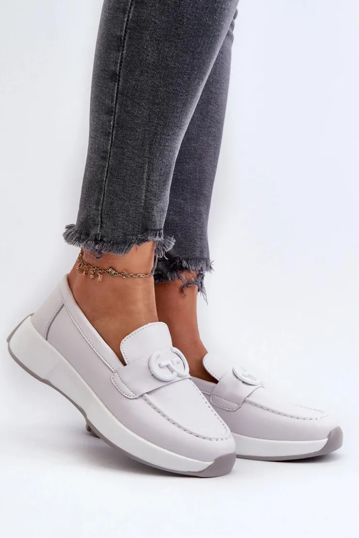 Damskie Damskie buty S.Barski Skórzane Mokasyny Damskie Na Platformie Jasnoszare S.Barski LR490