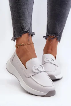 Damskie Damskie buty S.Barski Skórzane Mokasyny Damskie Na Platformie Jasnoszare S.Barski LR490