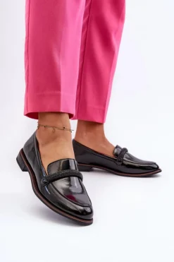 Buty Sergio Leone Półbuty Skórzane|Mokasyny Damskie Lakierowane*Skórzane Mokasyny Damskie Z Ozdobnym Paseczkiem Lakierowane Czarne Saosin