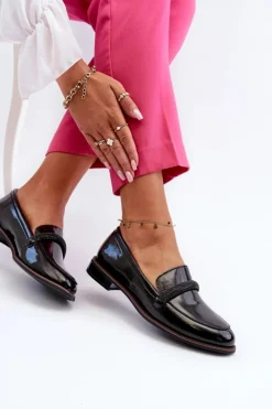 Buty Sergio Leone Półbuty Skórzane|Mokasyny Damskie Lakierowane*Skórzane Mokasyny Damskie Z Ozdobnym Paseczkiem Lakierowane Czarne Saosin