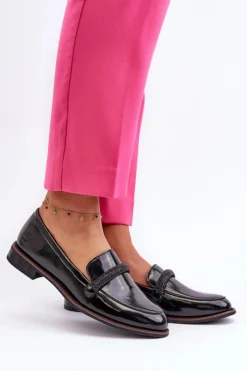 Buty Sergio Leone Półbuty Skórzane|Mokasyny Damskie Lakierowane*Skórzane Mokasyny Damskie Z Ozdobnym Paseczkiem Lakierowane Czarne Saosin