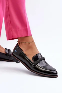 Buty Sergio Leone Półbuty Skórzane|Mokasyny Damskie Lakierowane*Skórzane Mokasyny Damskie Z Ozdobnym Paseczkiem Lakierowane Czarne Saosin