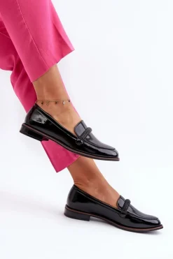 Buty Sergio Leone Półbuty Skórzane|Mokasyny Damskie Lakierowane*Skórzane Mokasyny Damskie Z Ozdobnym Paseczkiem Lakierowane Czarne Saosin