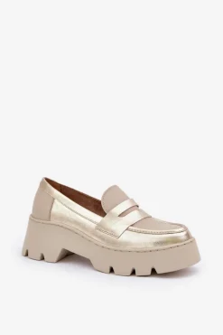 Zazoo Loafersy Damskie|Mokasyny Płaskie*Skórzane Mokasyny Damskie Na Platformie I Płaskim Obcasie 20191 Złote Złoty