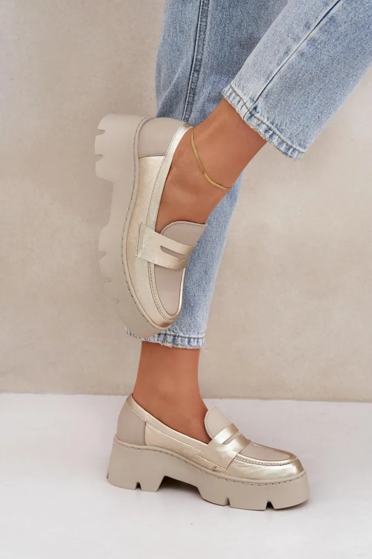 Zazoo Loafersy Damskie|Mokasyny Płaskie*Skórzane Mokasyny Damskie Na Platformie I Płaskim Obcasie 20191 Złote Złoty