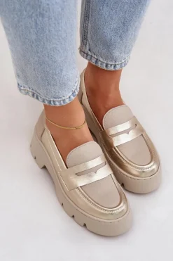 Zazoo Loafersy Damskie|Mokasyny Płaskie*Skórzane Mokasyny Damskie Na Platformie I Płaskim Obcasie 20191 Złote Złoty