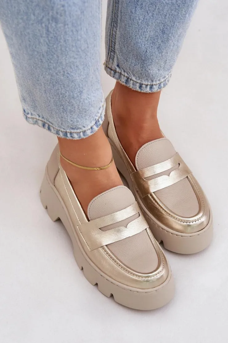 Zazoo Loafersy Damskie|Mokasyny Płaskie*Skórzane Mokasyny Damskie Na Platformie I Płaskim Obcasie 20191 Złote Złoty