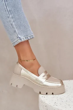 Zazoo Loafersy Damskie|Mokasyny Płaskie*Skórzane Mokasyny Damskie Na Platformie I Płaskim Obcasie 20191 Złote Złoty