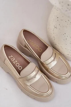 Zazoo Loafersy Damskie|Mokasyny Płaskie*Skórzane Mokasyny Damskie Na Platformie I Płaskim Obcasie 20191 Złote Złoty