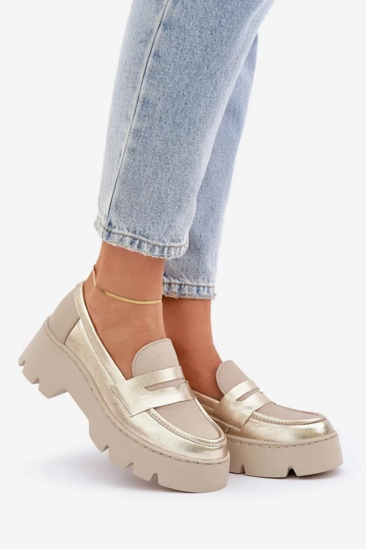 Zazoo Loafersy Damskie|Mokasyny Płaskie*Skórzane Mokasyny Damskie Na Platformie I Płaskim Obcasie 20191 Złote Złoty