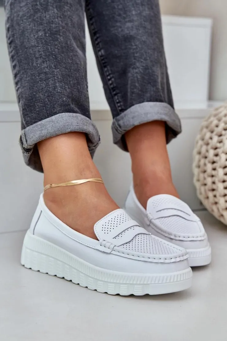 Clearance Evento Skórzane Mokasyny Damskie Na Platformie I Koturnie Białe Elanindel Biały