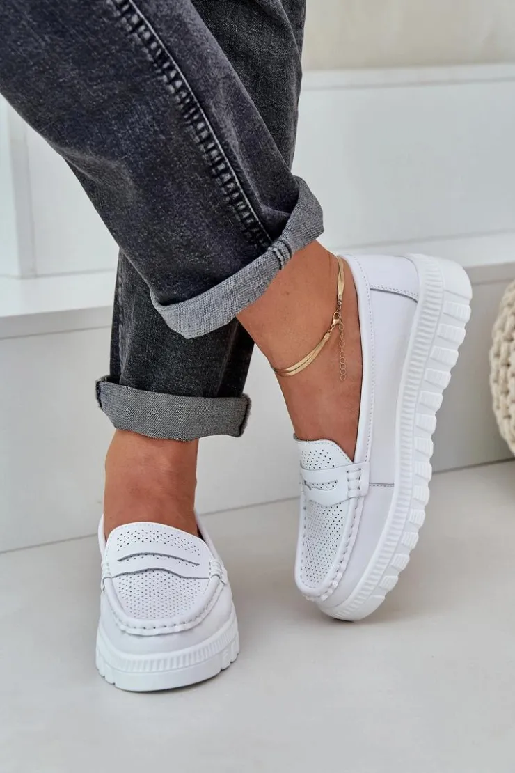 Clearance Evento Skórzane Mokasyny Damskie Na Platformie I Koturnie Białe Elanindel Biały