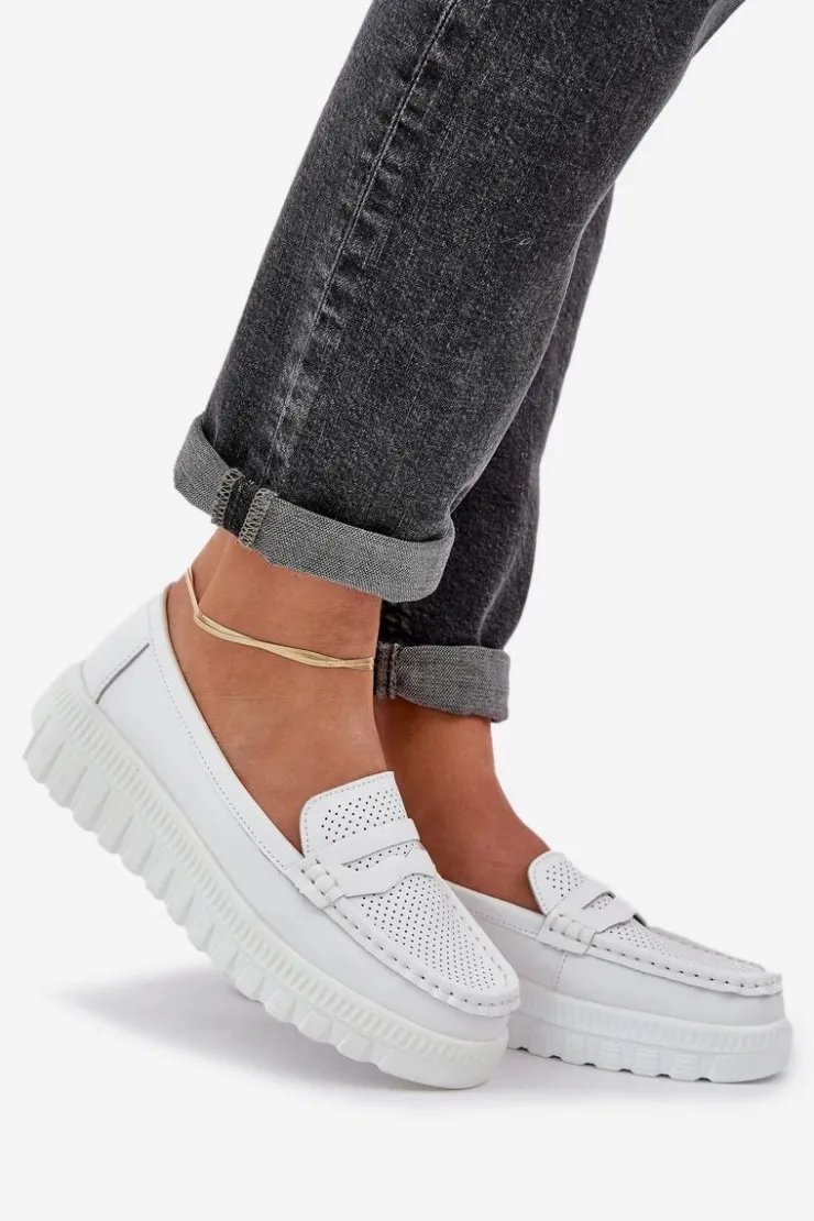 Clearance Evento Skórzane Mokasyny Damskie Na Platformie I Koturnie Białe Elanindel Biały