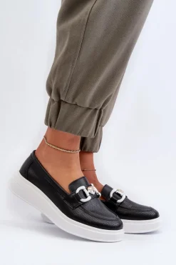 Damskie Damskie buty S.Barski Skórzane Mokasyny Damskie Na Platformie Czarne S.Barski LR720