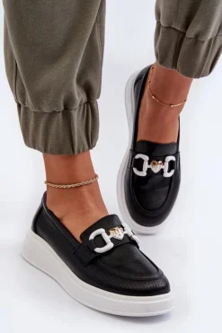 Damskie Damskie buty S.Barski Skórzane Mokasyny Damskie Na Platformie Czarne S.Barski LR720